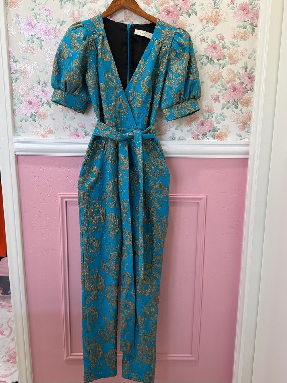 Teal and Gold Puff-Sleeve Jumpsuit with Waist Tie
